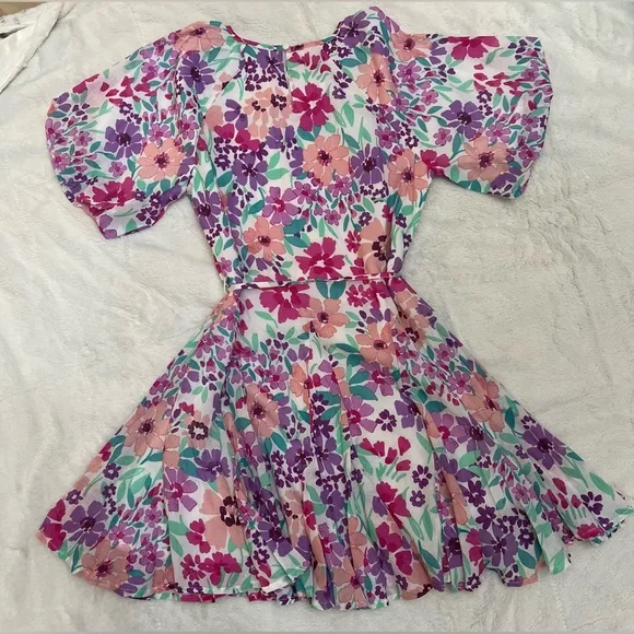 🌸 Fate Floral Puff Sleeve Mini Dress - Tie Waist - 100% Cotton - Spring / Easter - Picture 5 of 7